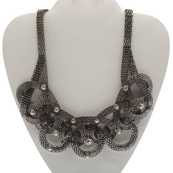 Vintage Mesh Chain Bib Necklace With Rhinestones Lobster Clasp - Picture 1 of 6